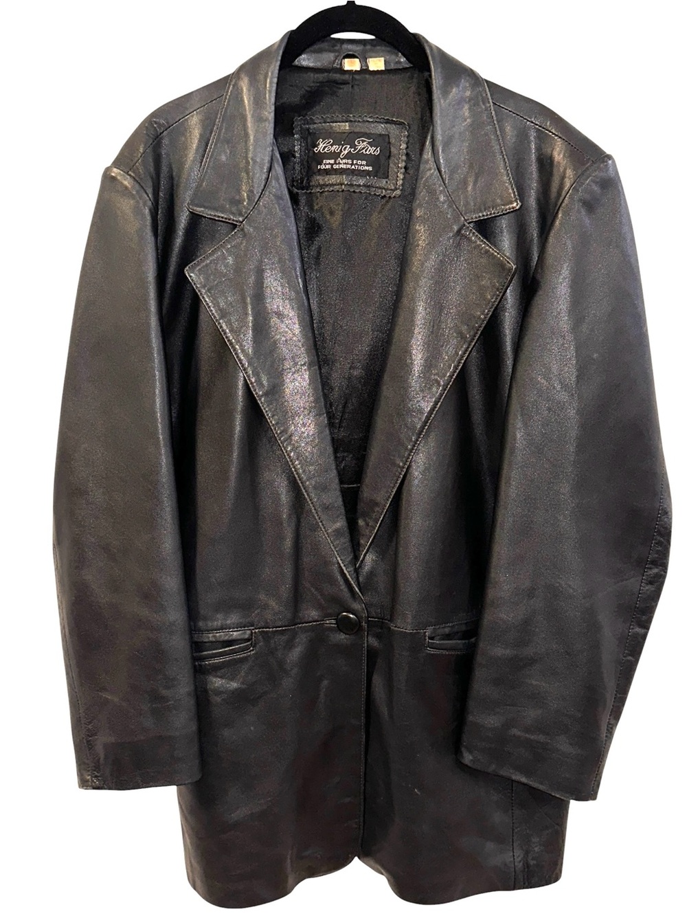 Men’s Vintage Henig Black Leather Blazer Jacket Size Lg One Button Distressed
